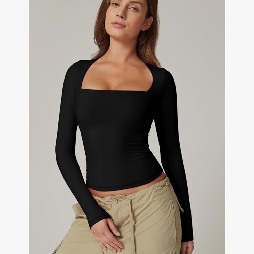 QINSEN Women's Sexy Square Neck Shirt Long Sleeve Double Lined Tee Fitted